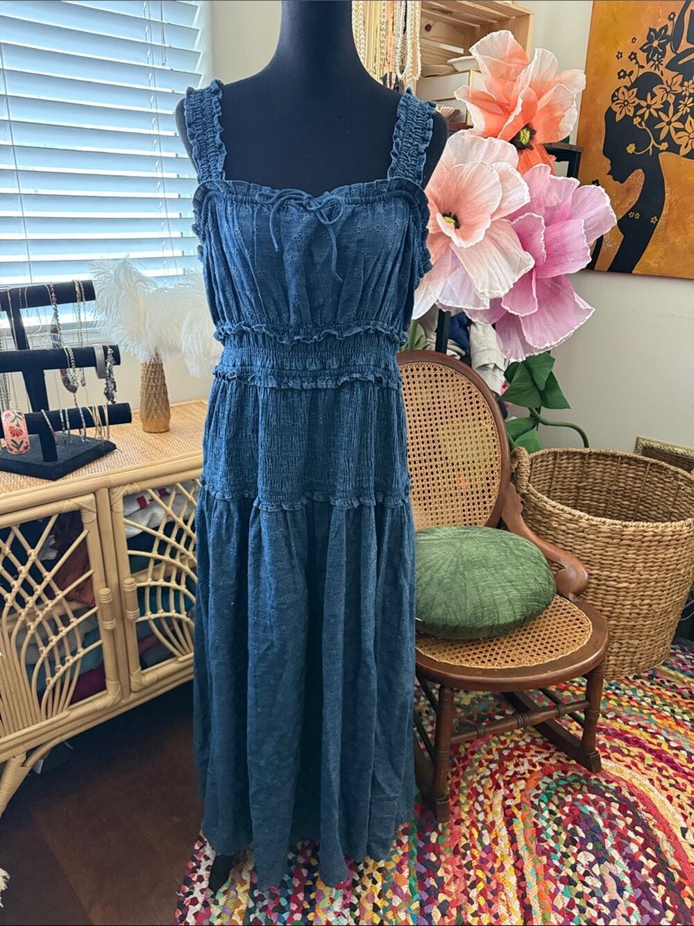 Gap x DOEN Blue Eyelet Lace Denim Boho Hippie Femme Cottage Midi Maxi Dress
